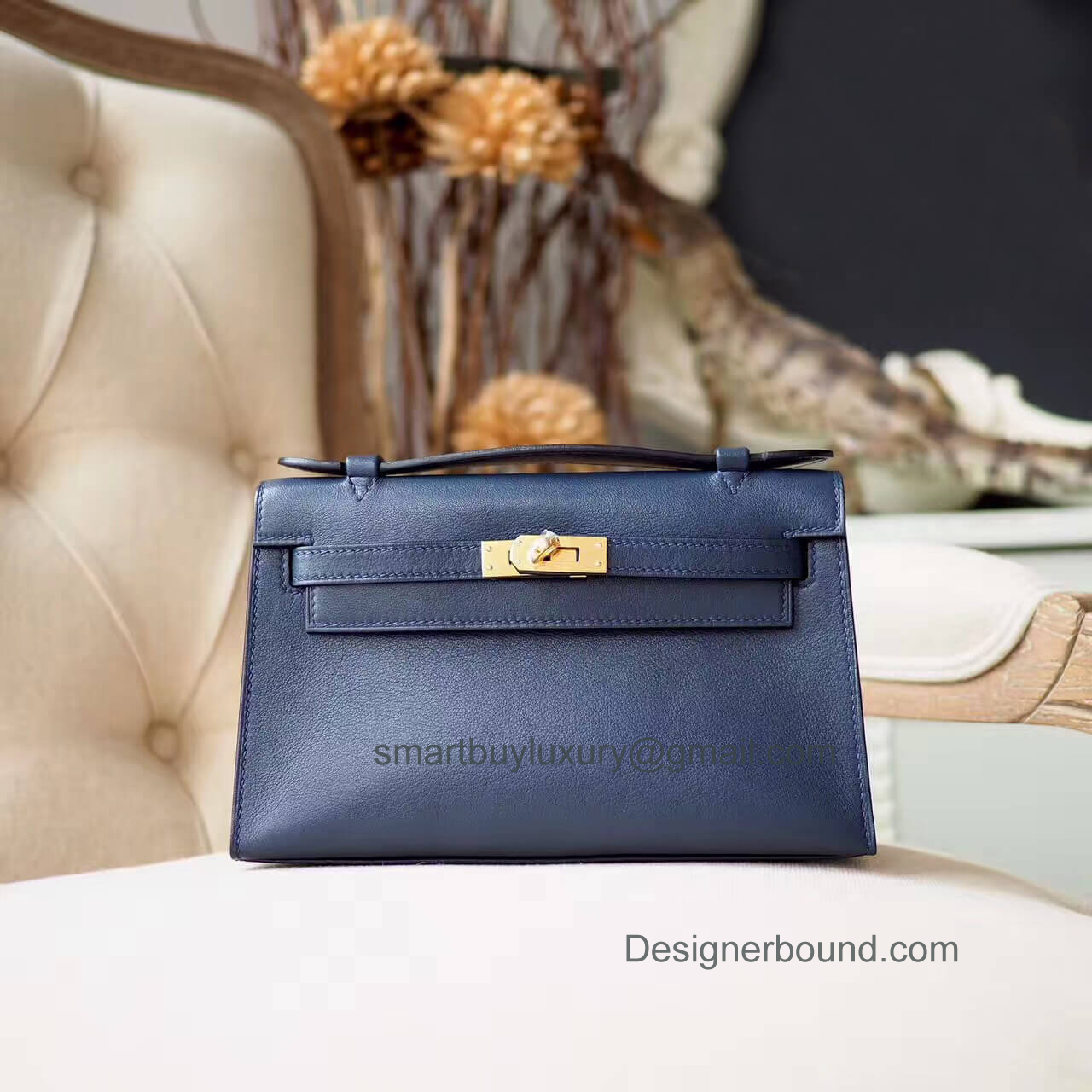 Hermes Mini Kelly 22 Pochette Bag in 1z Blue Nuit swift GHW